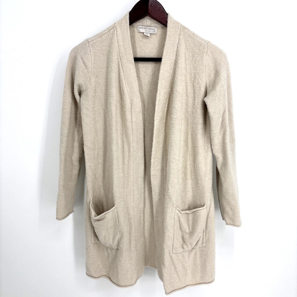 Barefoot‎ Dreams CozyChic Lite Open Sweater Cardigan Sz XS Pockets Beige Minimal